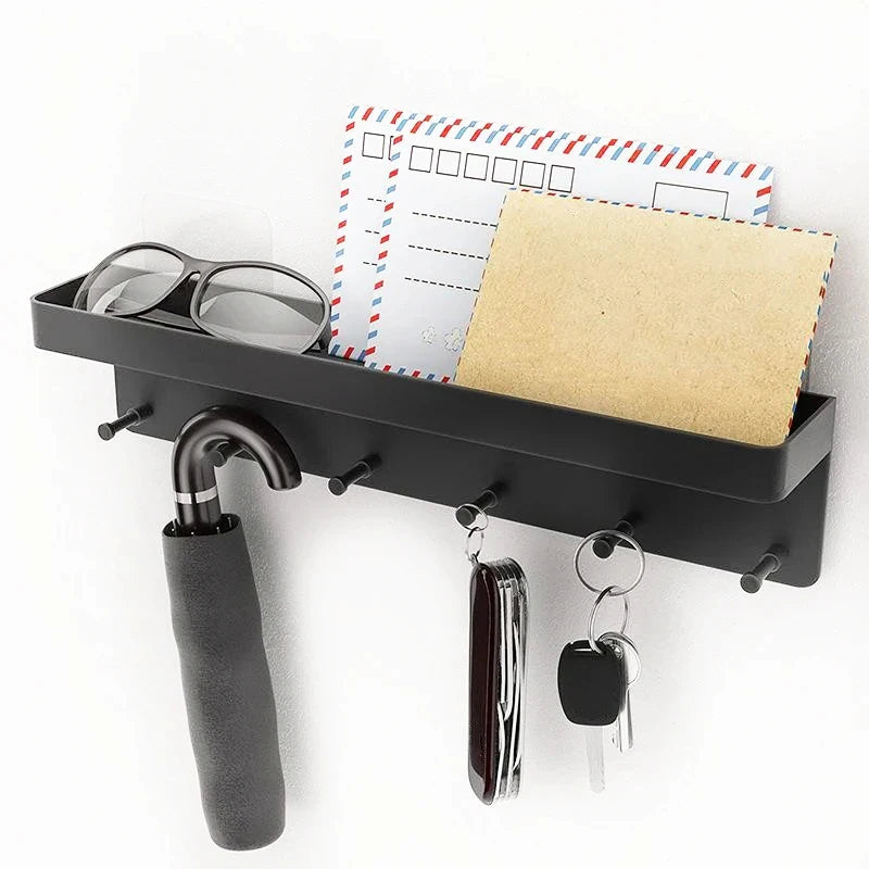 Wall Mounted Storage Rack — Multi-Purpose Organizer with 6 Hooks