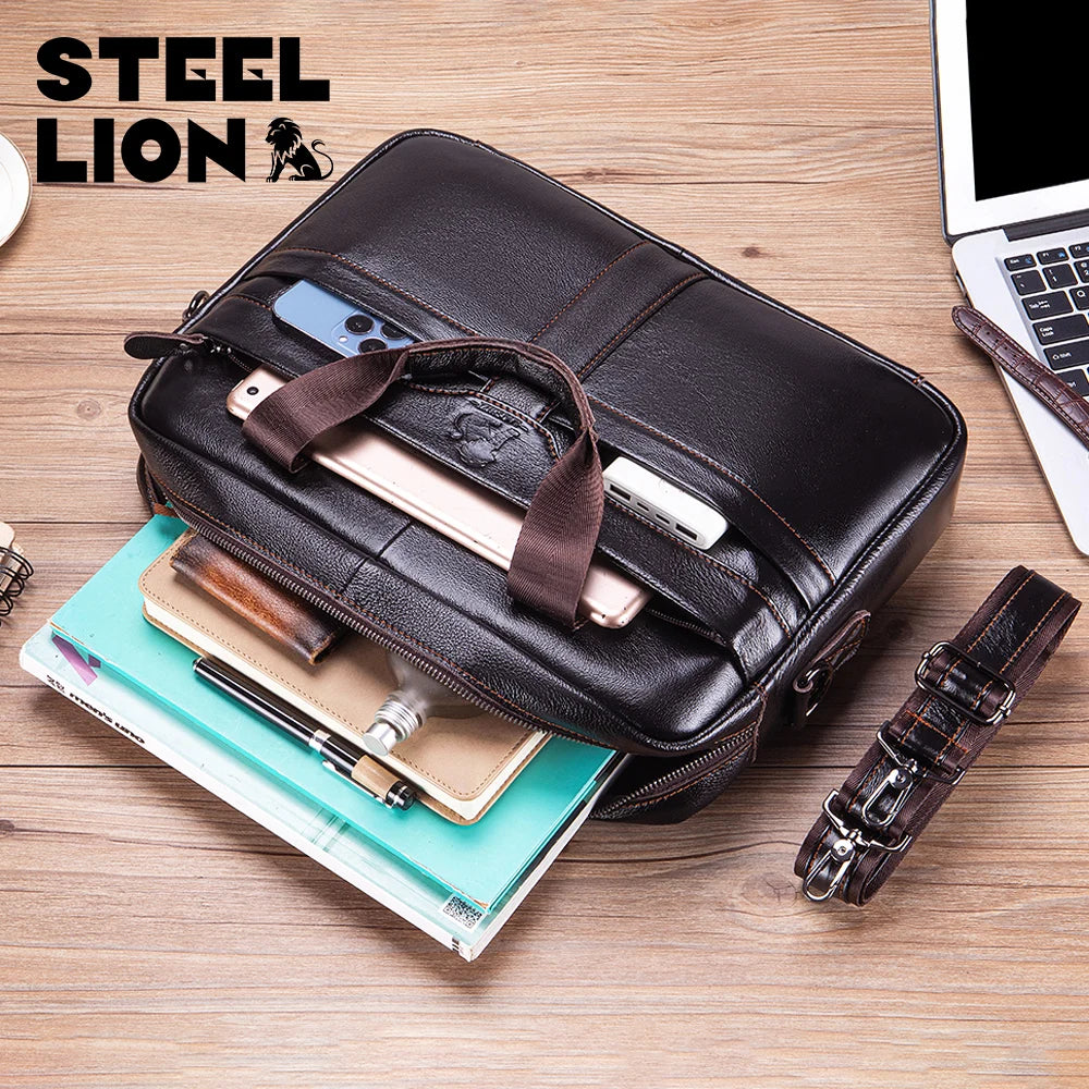 LAOSHIZI Leather Men's Briefcase — Large Capacity Business Office Bag