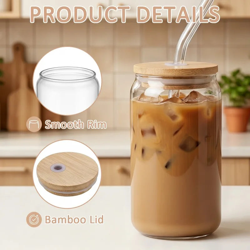 Glass Tumbler Set with Bamboo Lids — Reusable Iced Coffee Cups & Straws