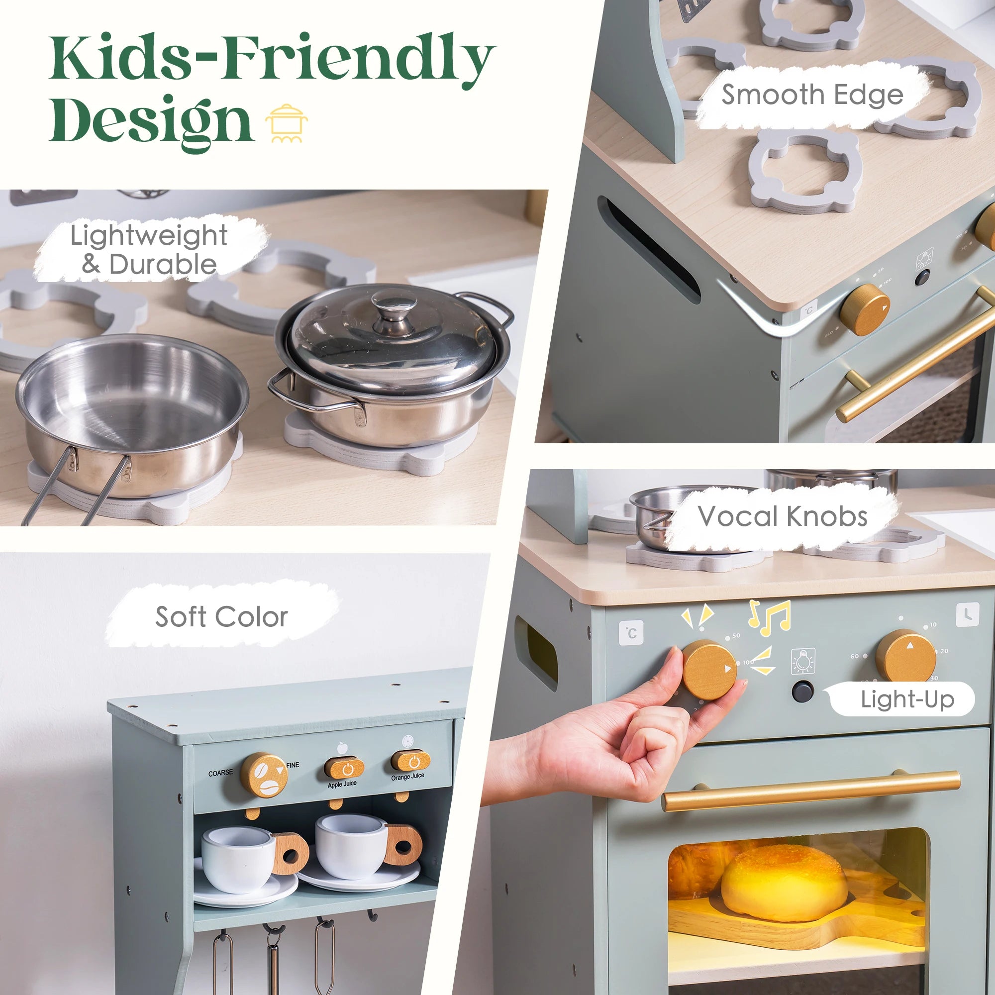 Robud Wooden Play Kitchen Playset — Bean Green Pretend Play Toy for Kids
