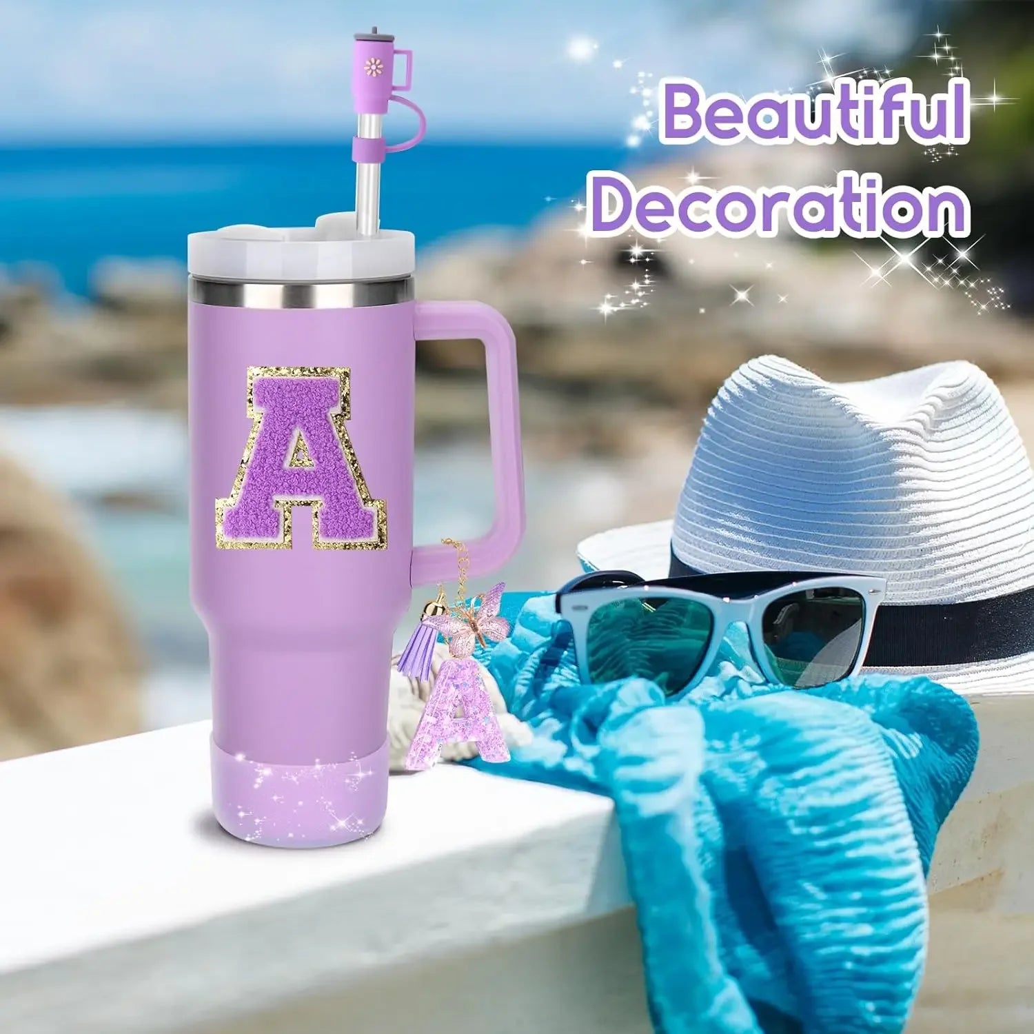 8-Piece Purple Tumbler Accessory Set — Silicone Straw Topper & Personalized Charms