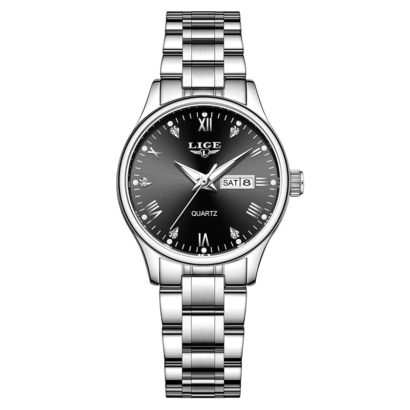 Elegant Women's Quartz Watch — Diamond Dial Stainless Steel Wristwatch