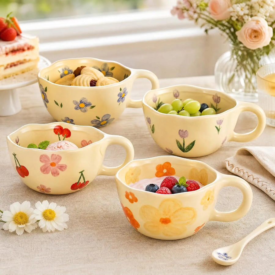 Hand-Painted Floral Ceramic Mugs — Set of 4 Decorative Coffee Cups