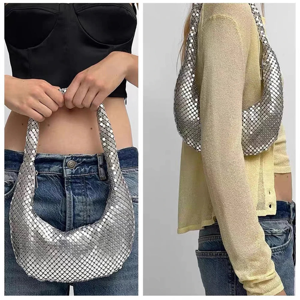 Shining Sequined Evening Clutch — Elegant Mesh Shoulder Bag for Weddings