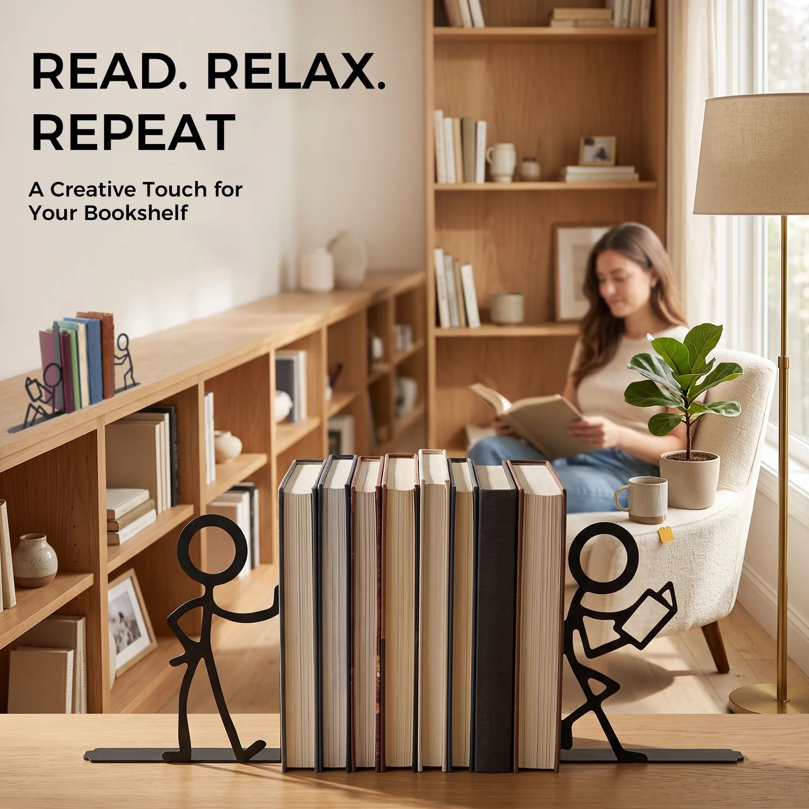 Metal Stick Figure Bookends — Decorative Heavy Duty Desktop Supports