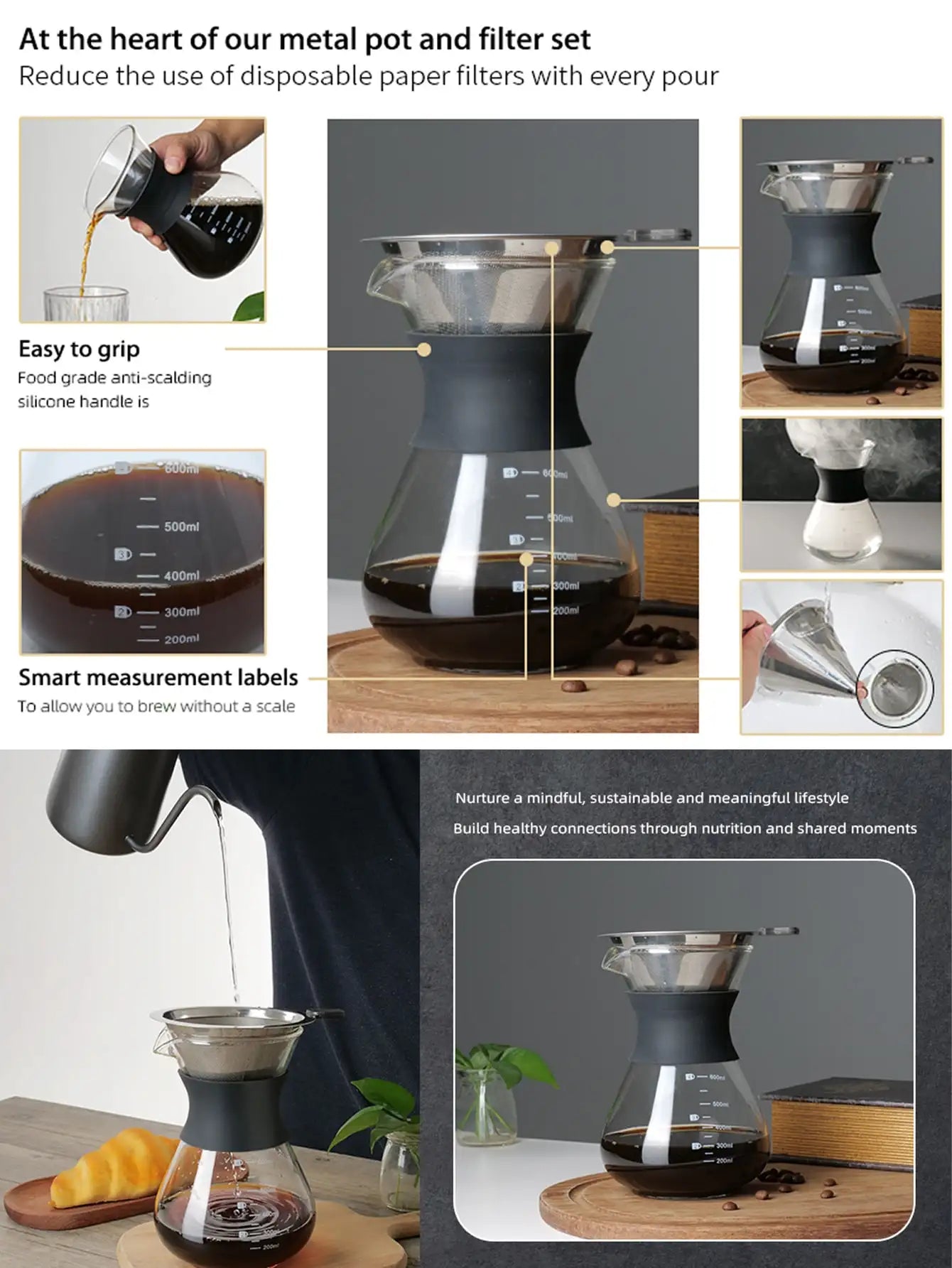 Leeseph Pour Over Coffee Brewer — Glass Dripper with Stainless Steel Filter