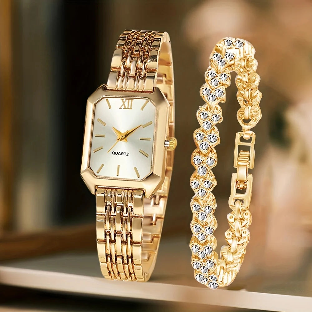 Women's Quartz Watch and Rhinestone Bracelet Set — Elegant Roman Dial Jewelry