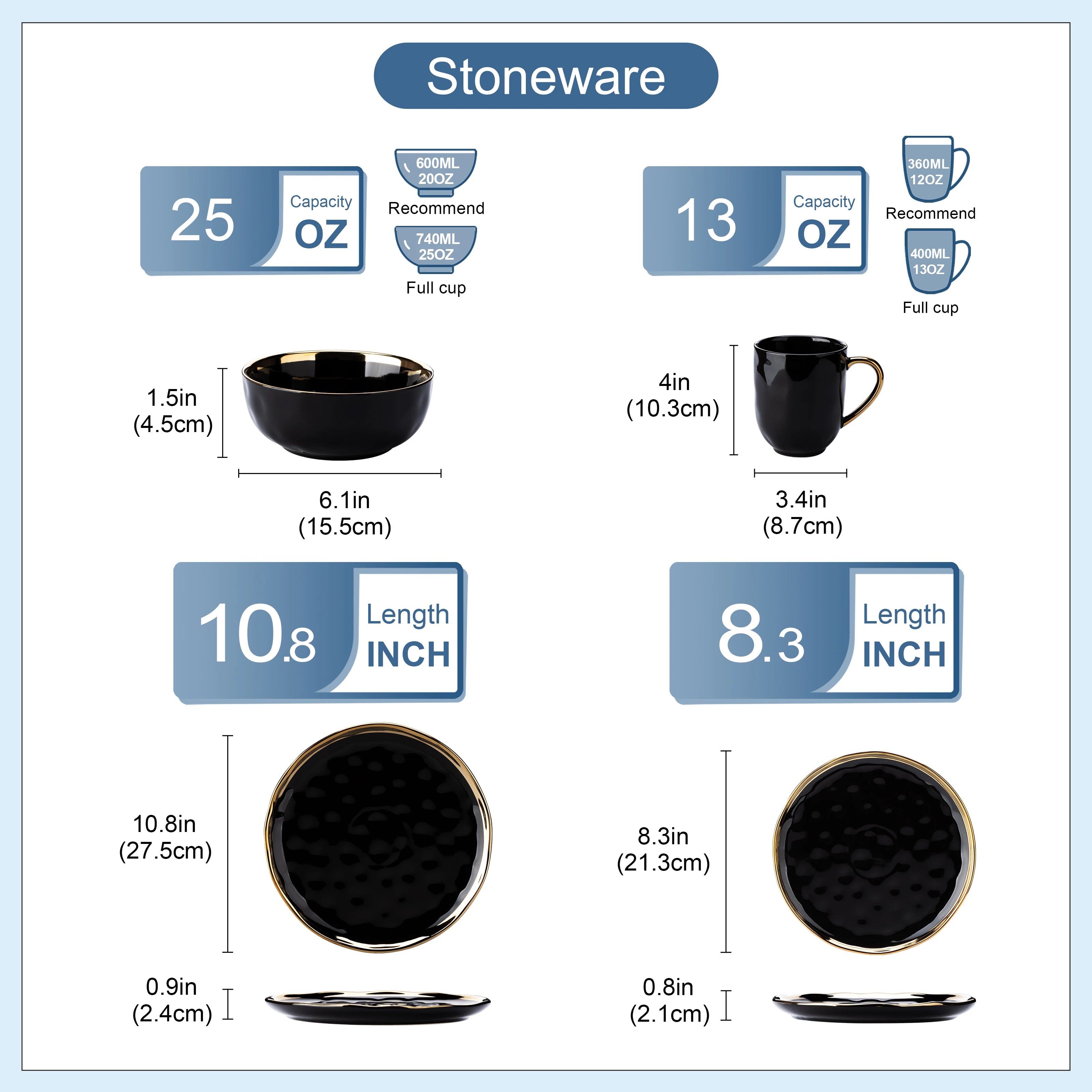 MALACASA Black Porcelain Dinnerware Set — Elegant Gold Trim Tableware