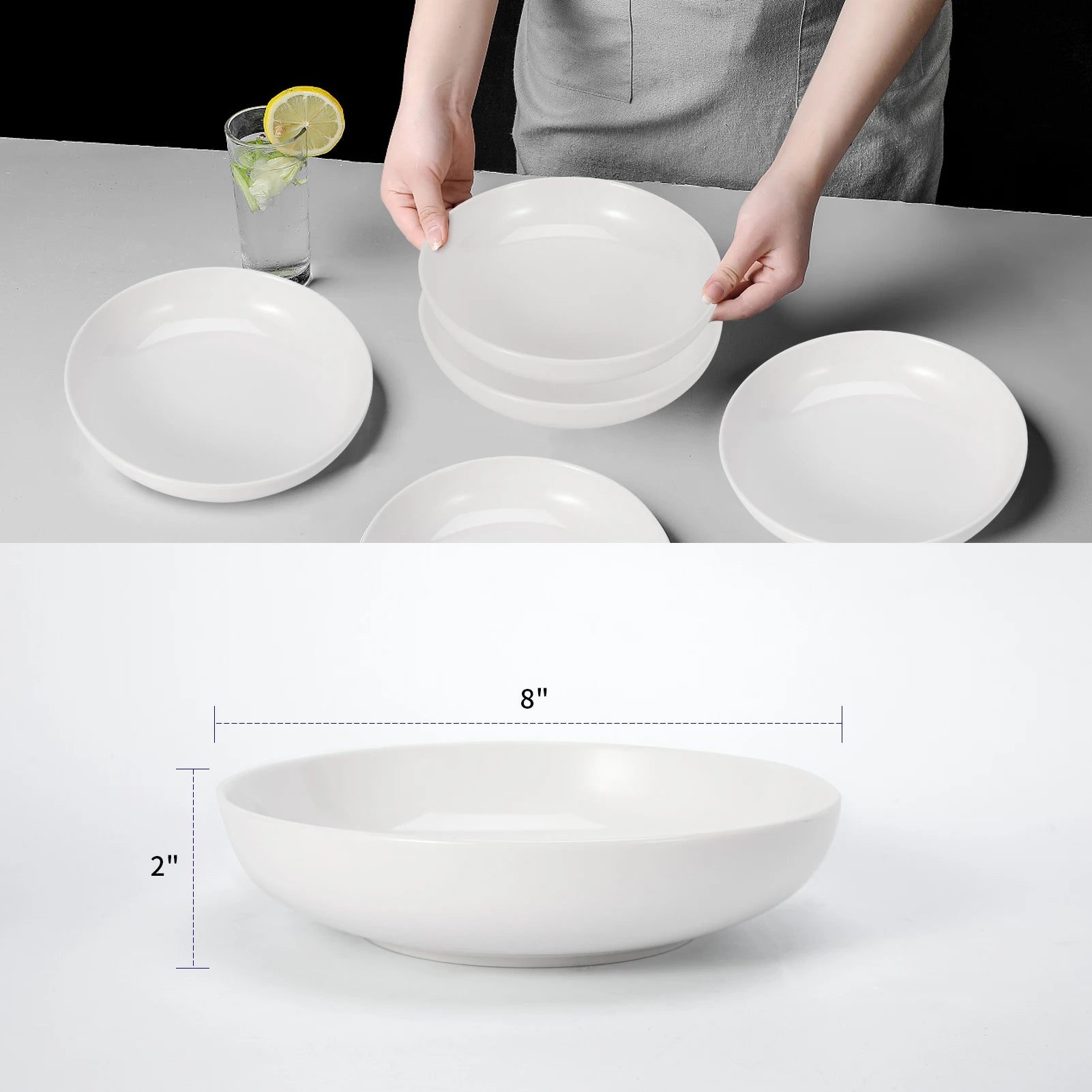 Ceramic Pasta Bowls Set — 6-Piece Large Shallow Serving Dishes, White
