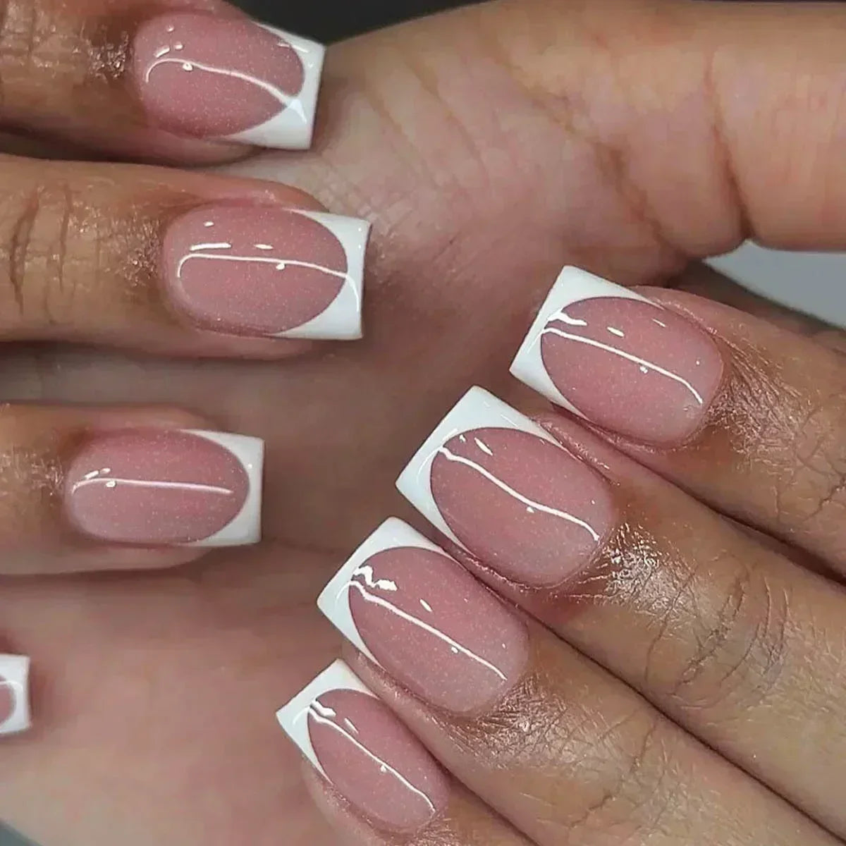 Qsezeny French Tip Press On Nails — Short Coffin Style Frosted Fake Nails