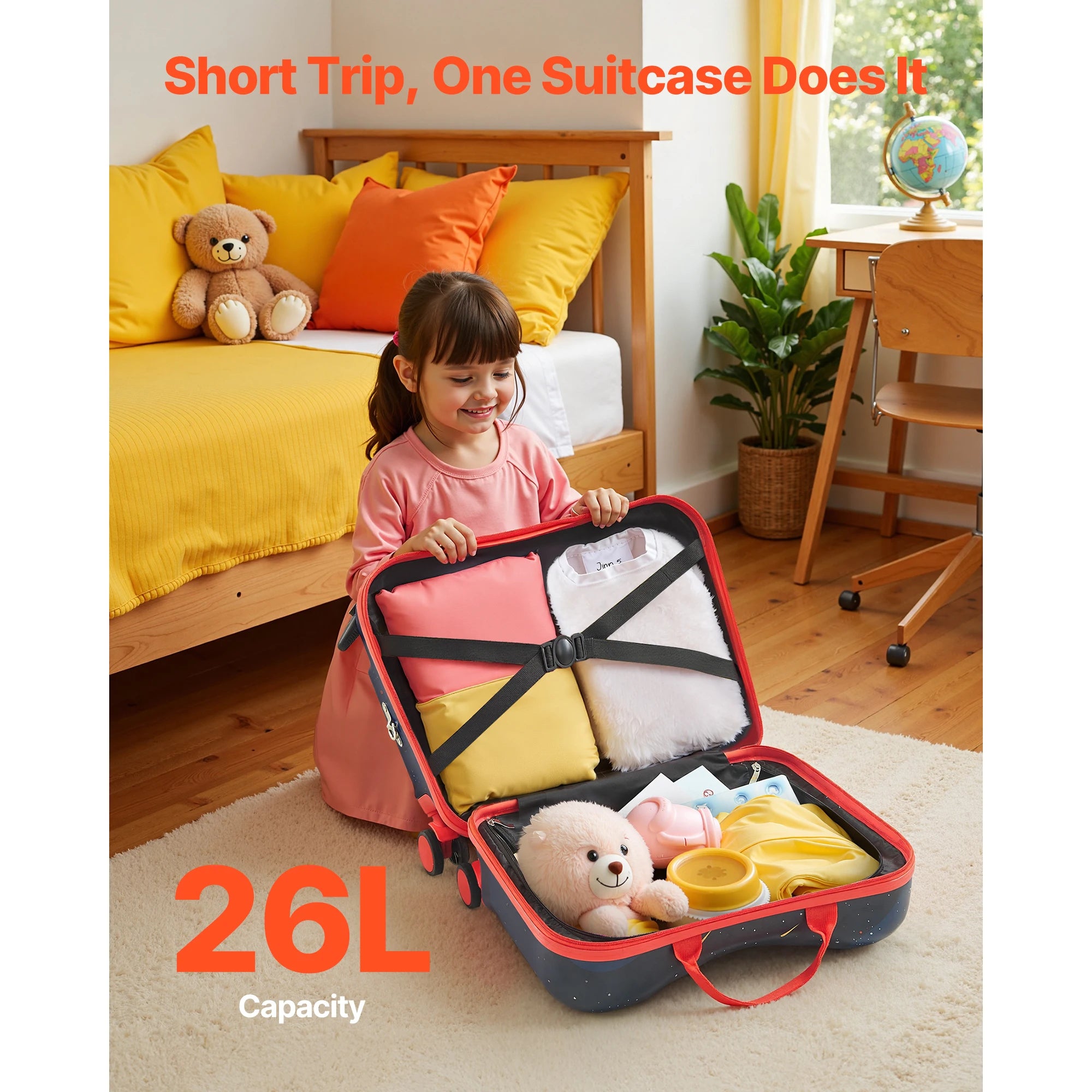 SucceBuy Ride-On Kids Luggage — 26L Carry-On Suitcase with Wheels