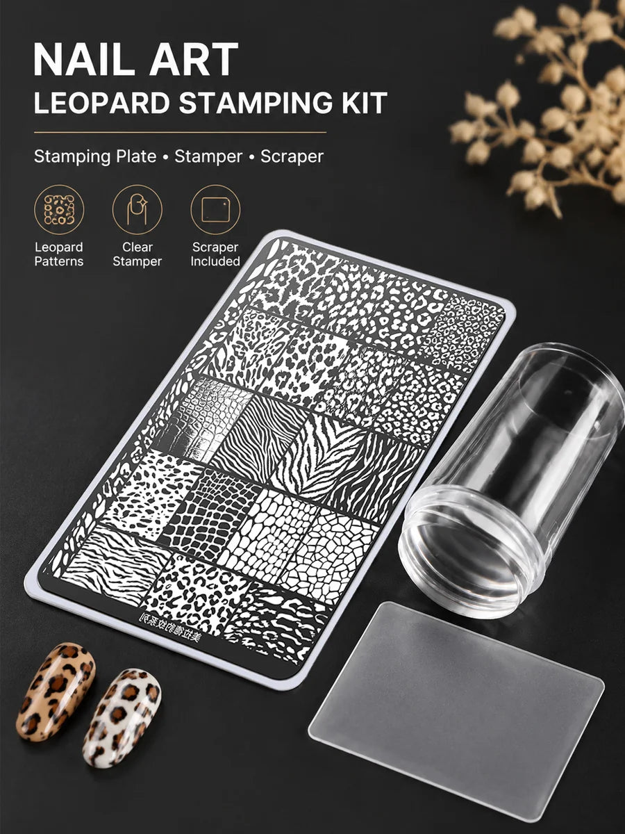 Leopard Print Nail Stamping Kit — DIY Pattern Template Set with Scraper