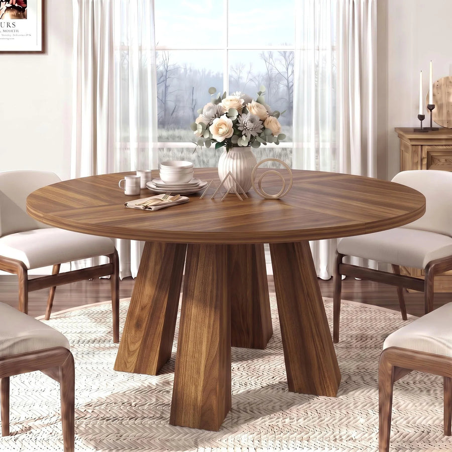 HiMISS 47 Inch Round Dining Table — Farmhouse Herringbone Wood Top
