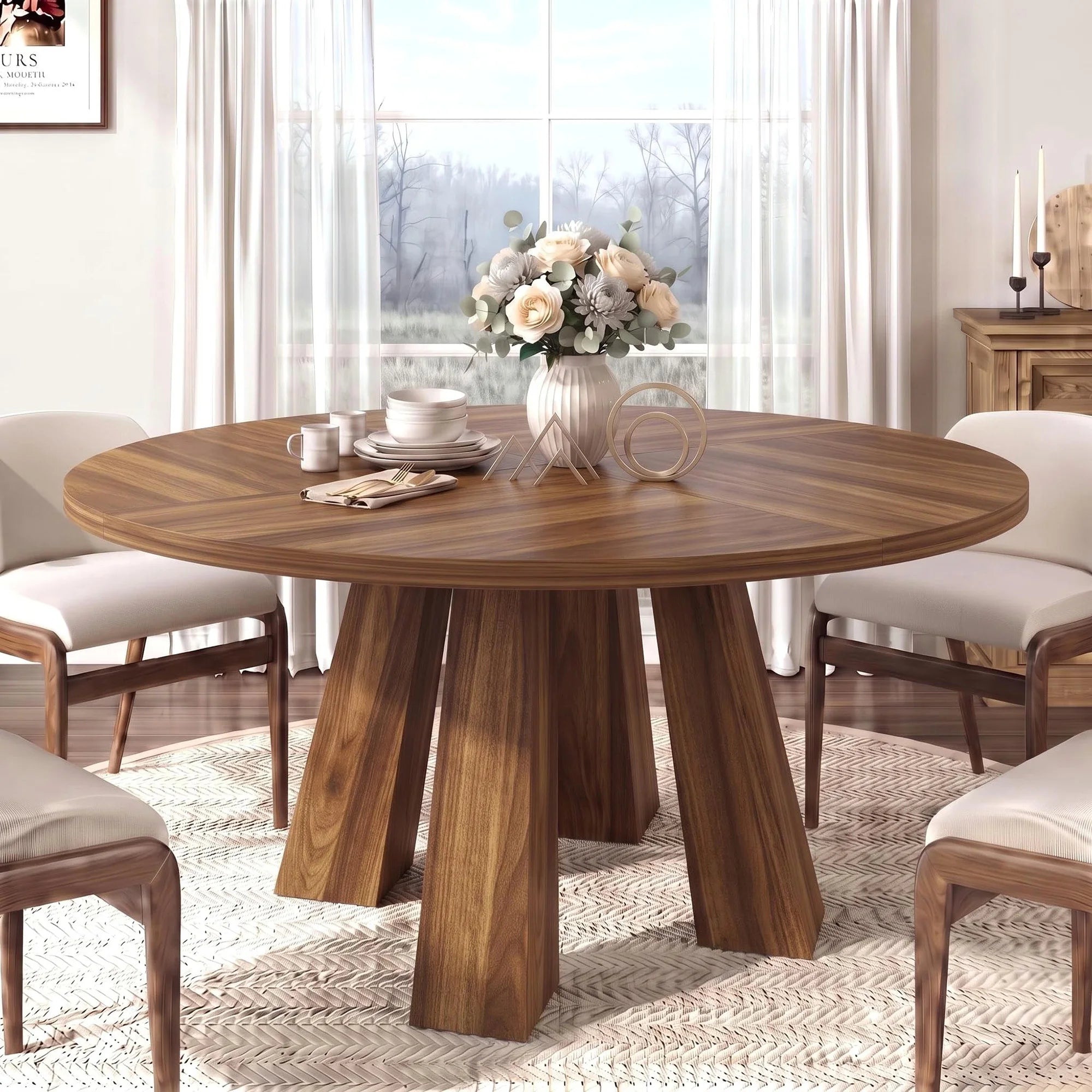 HiMISS 47 Inch Round Dining Table — Farmhouse Herringbone Wood Top