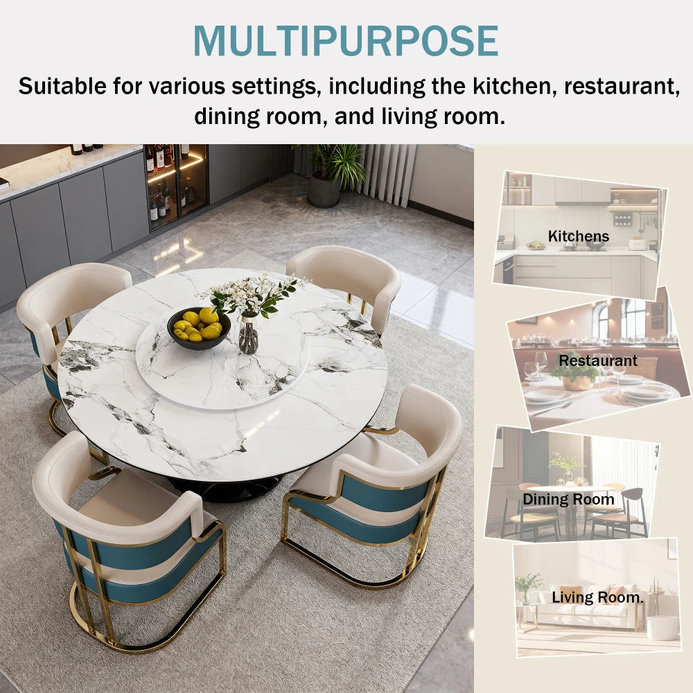 59 Inch Round Sintered Stone Dining Set — Rotating Lazy Susan & Gold Frame