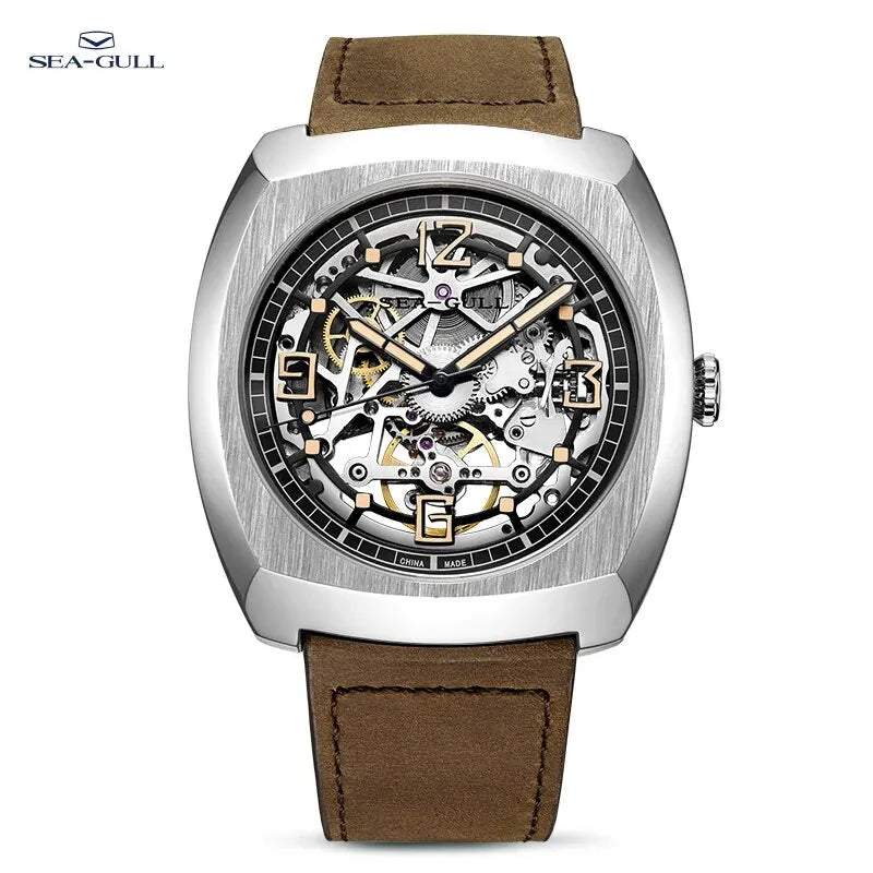 Sea-Gull Tonneau Skeleton Watch — Automatic Mechanical Men's Wristwatch