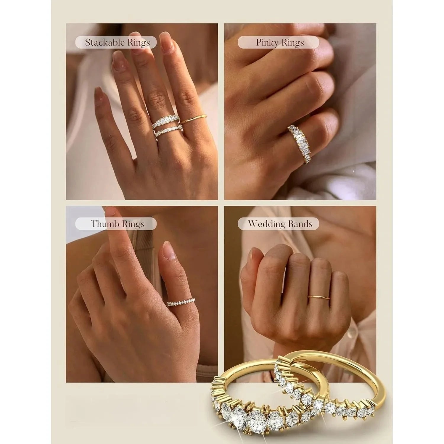 drperfect 14K Gold Plated Stackable Ring Set — Dainty Cubic Zirconia Wedding Bands