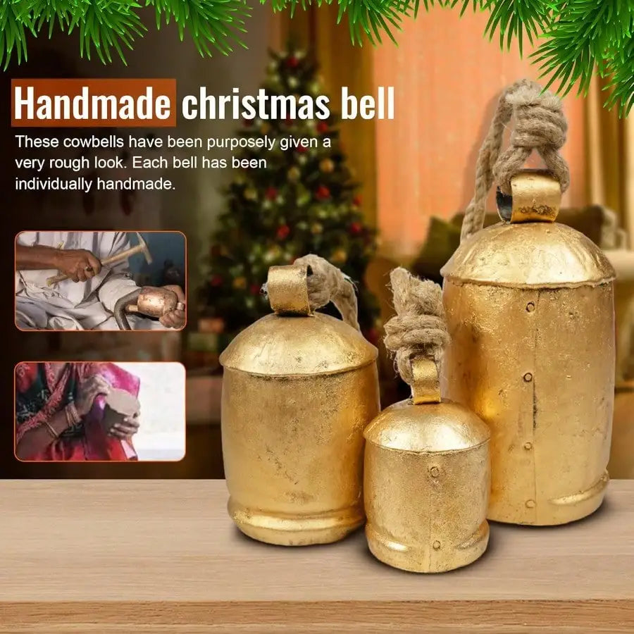 Rustic Gold Christmas Bells — Set of 3 Decorative Holiday Ornaments
