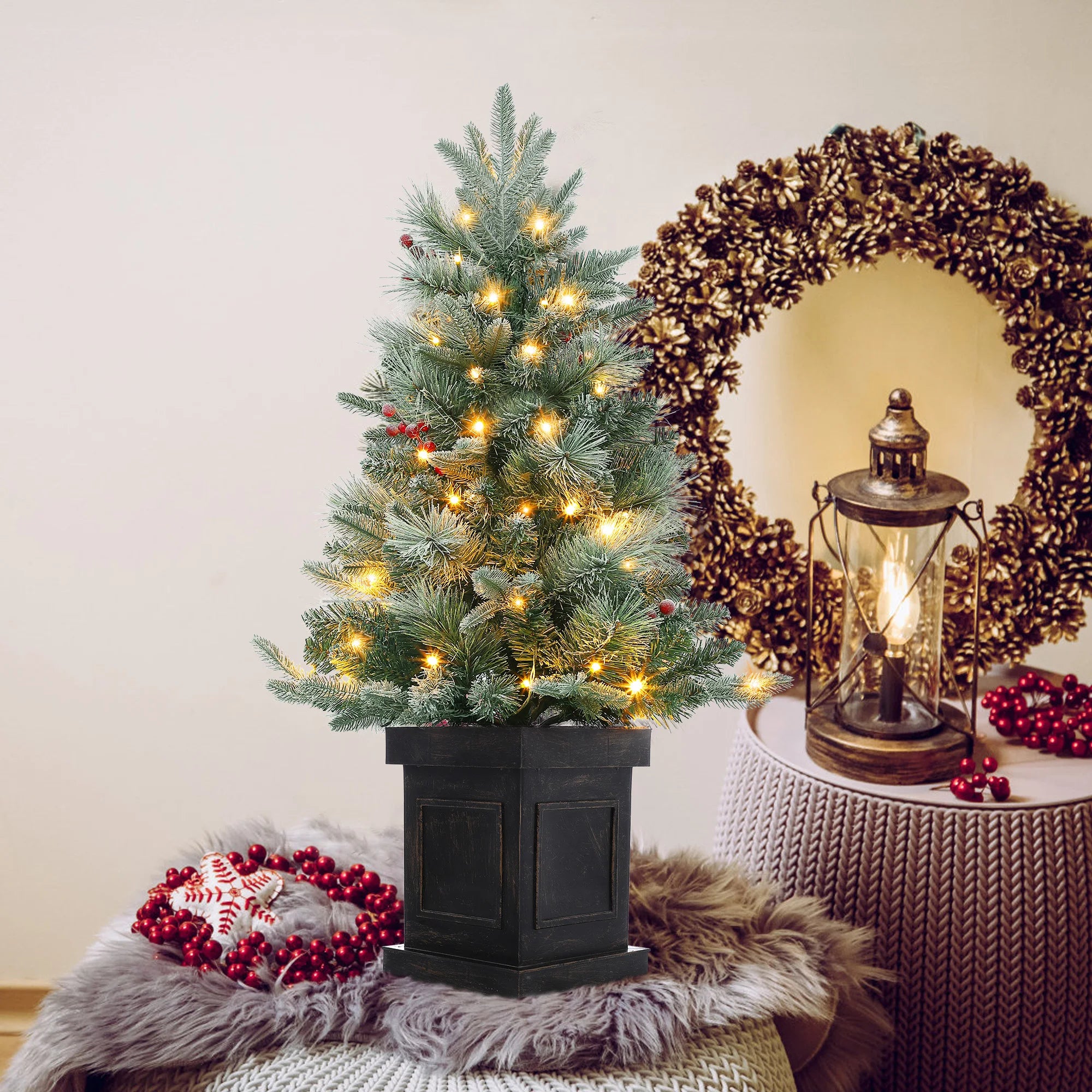GAOMON 3ft Pre-Lit Snow Flocked Christmas Tree — Mini Tabletop Holiday Decor