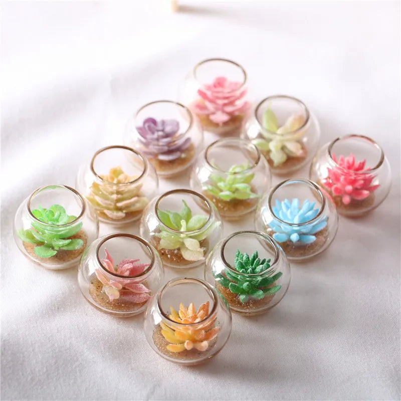 Miniature Potted Succulent Glass Vase — 1:12 Scale Dollhouse Decor