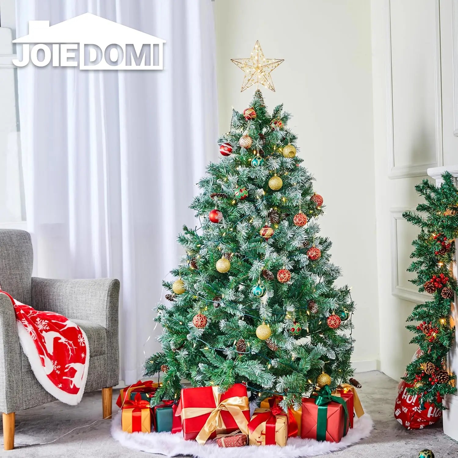 Golden Metal Beaded Star Tree Topper — LED Warm White Lights & Remote Control