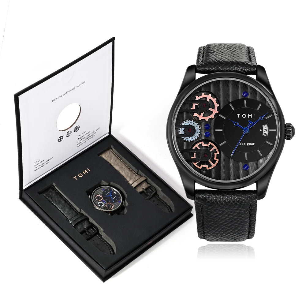TOMI Men's Luxury Quartz Watch Set — Business Style with Detachable Straps
