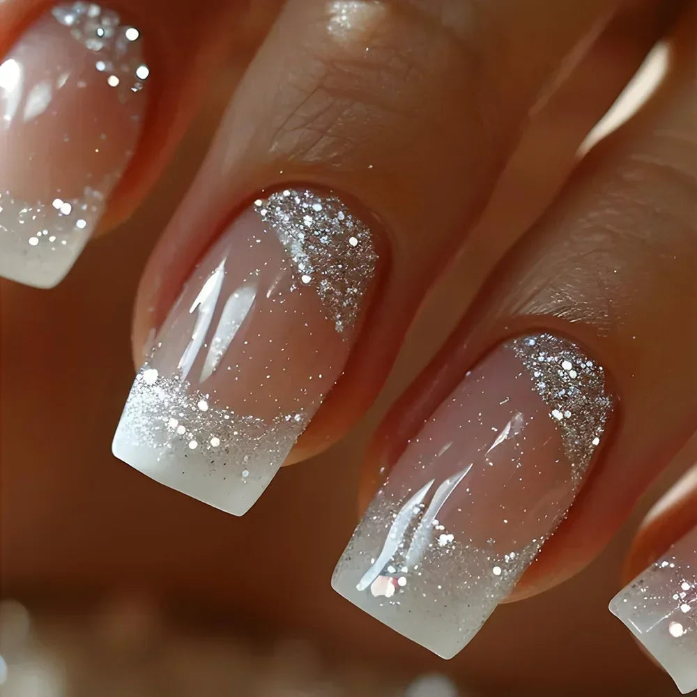 Qsezeny French Tip Press On Nails — Short Coffin Style Frosted Fake Nails