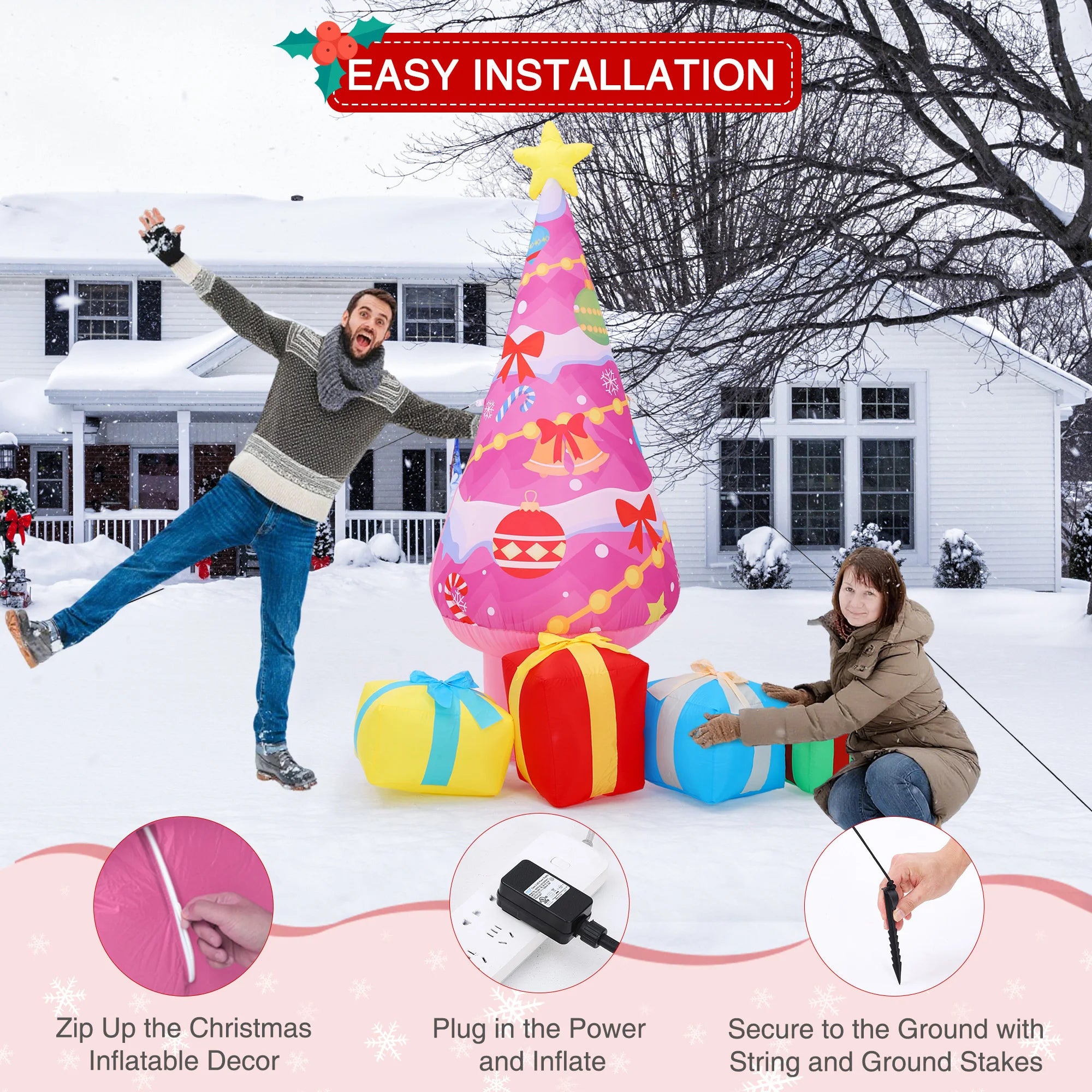 HiMISS 7.1ft Pink Inflatable Christmas Tree — Outdoor Holiday Decor with LED Lights