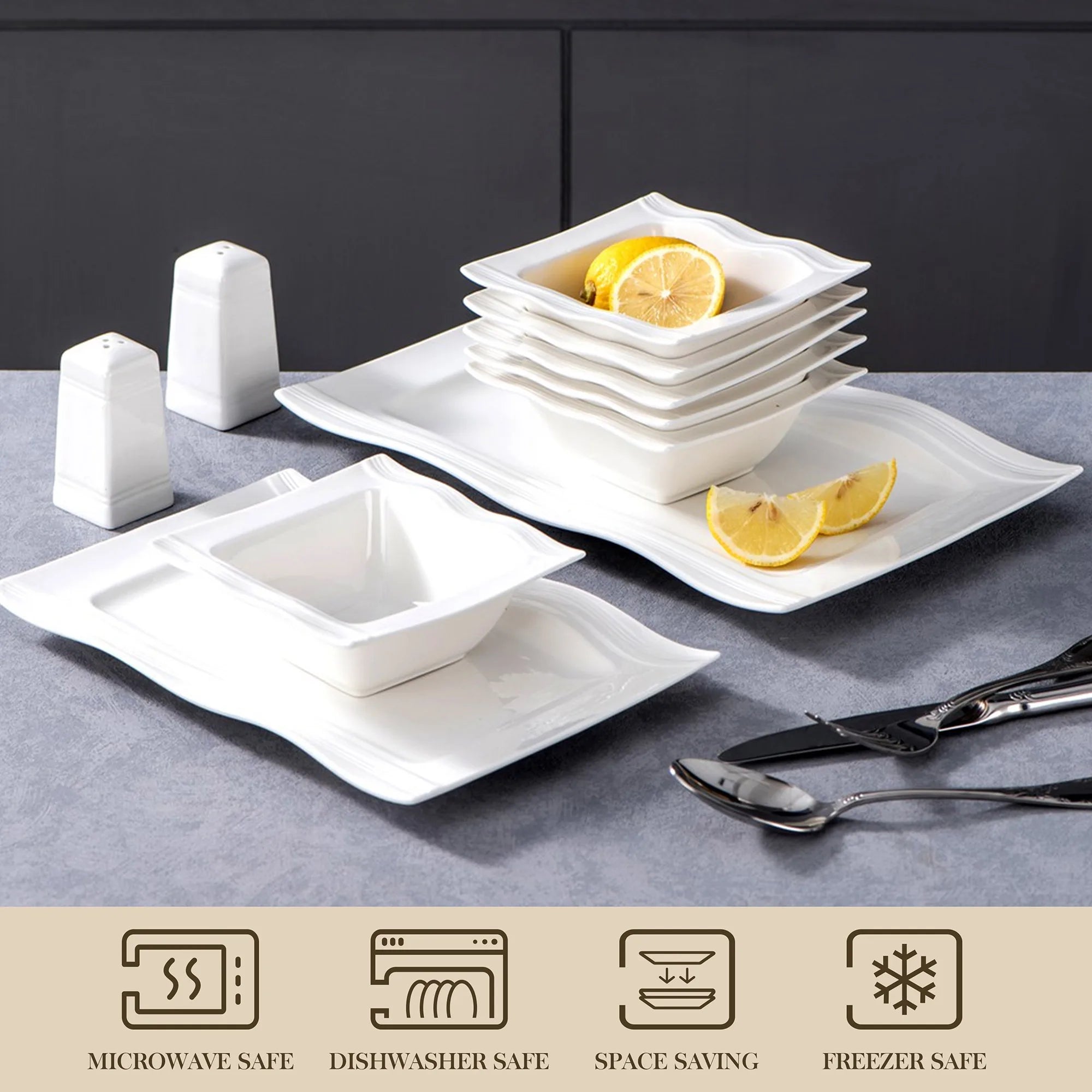 MALACASA 28-Piece Square Porcelain Dinnerware Set — Elegant White Ceramic Tableware