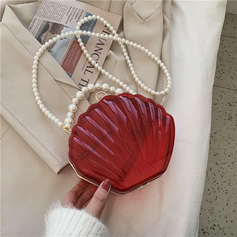 FENJING Transparent Shell Evening Bag — Pearl Chain Clutch & Crossbody Purse