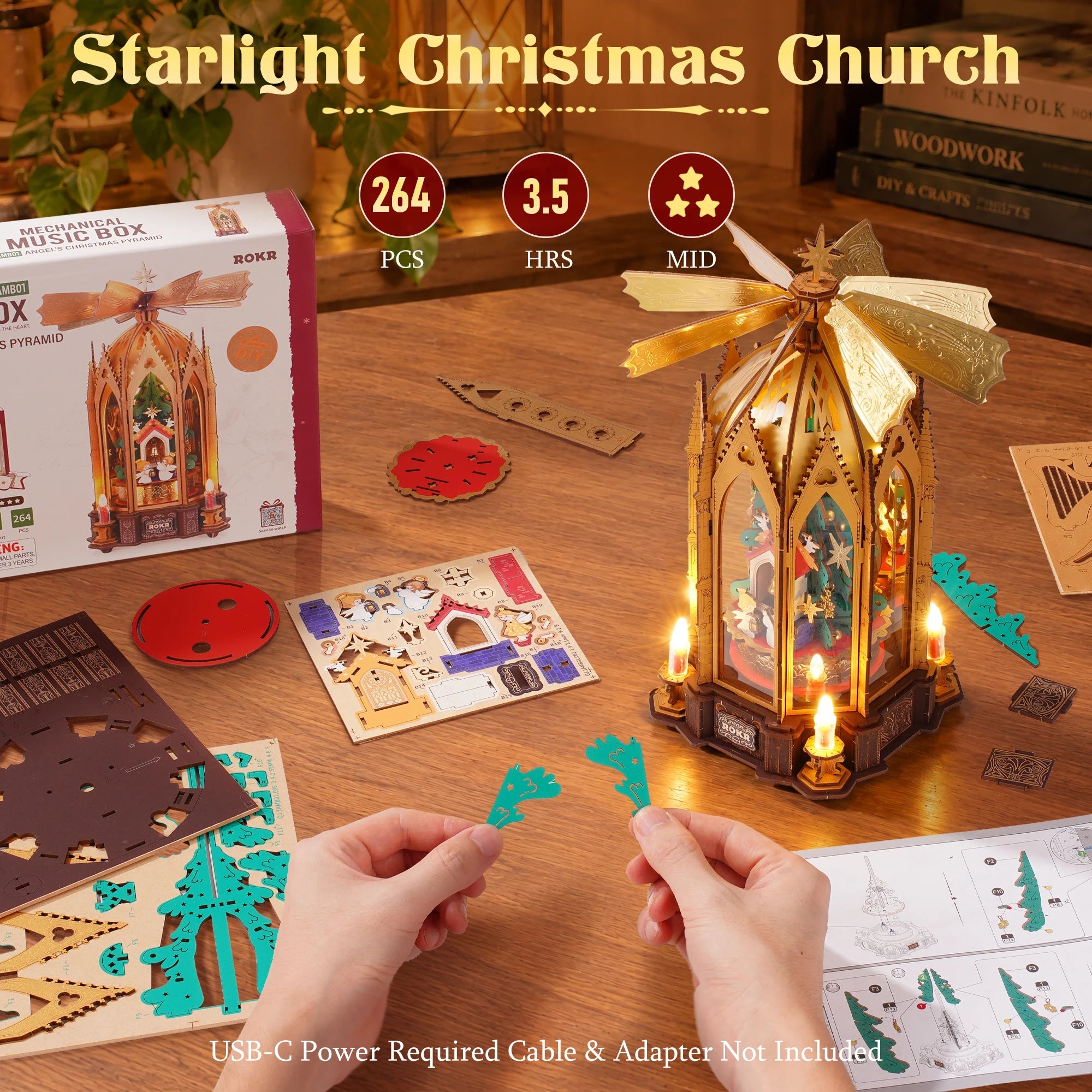 ROKR Angel's Christmas Pyramid — 3D Wooden Music Box with LED Light