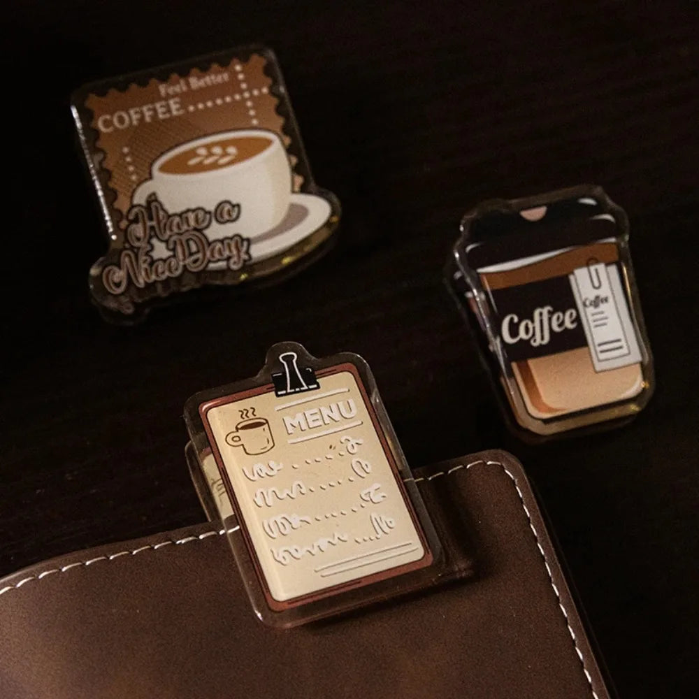 Coffee Themed Acrylic Binder Clips — Vintage Style Stationery for Paper & Notes