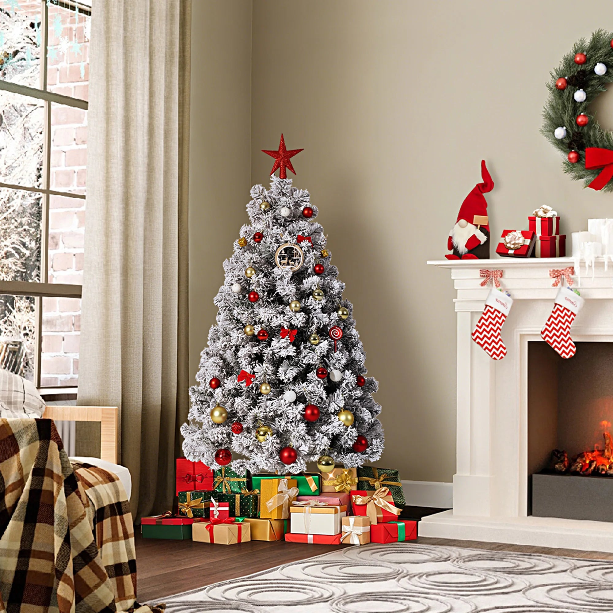 GAOMON Flocked Pre-Lit Artificial Christmas Tree — Snowy Fraser Fir Decor