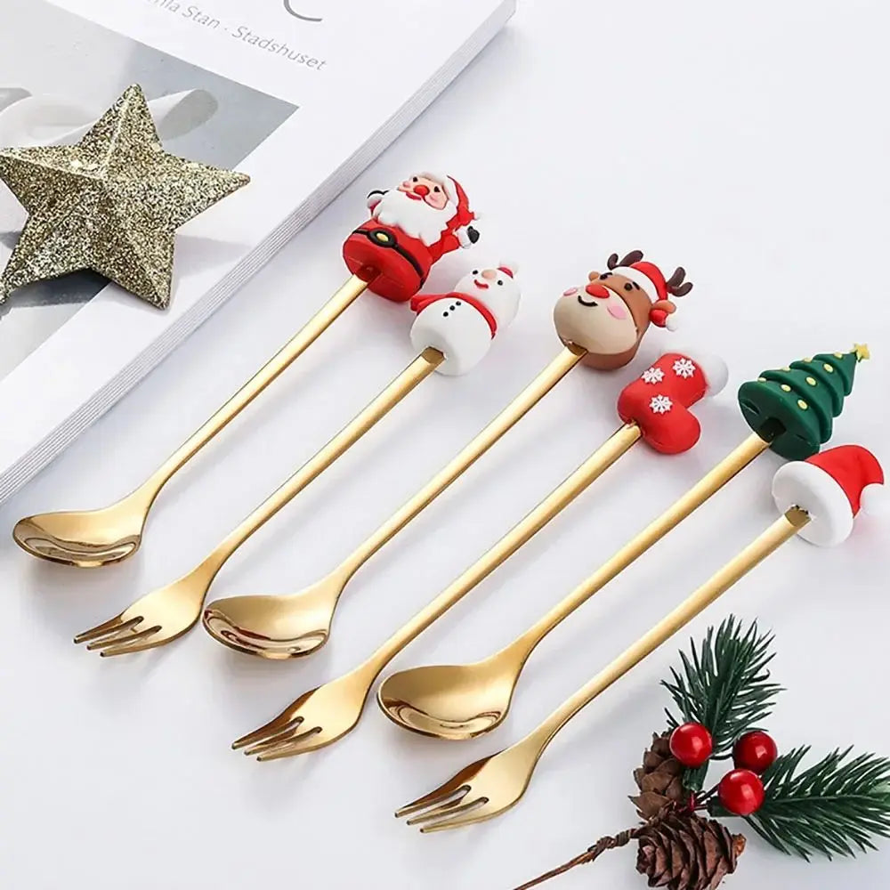 Christmas Themed Stainless Steel Cutlery Set — Decorative Santa Spoon and Fork