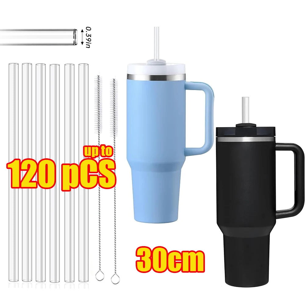 Reusable Plastic Replacement Straws — Clear 30cm Straws with Cleaning Brush