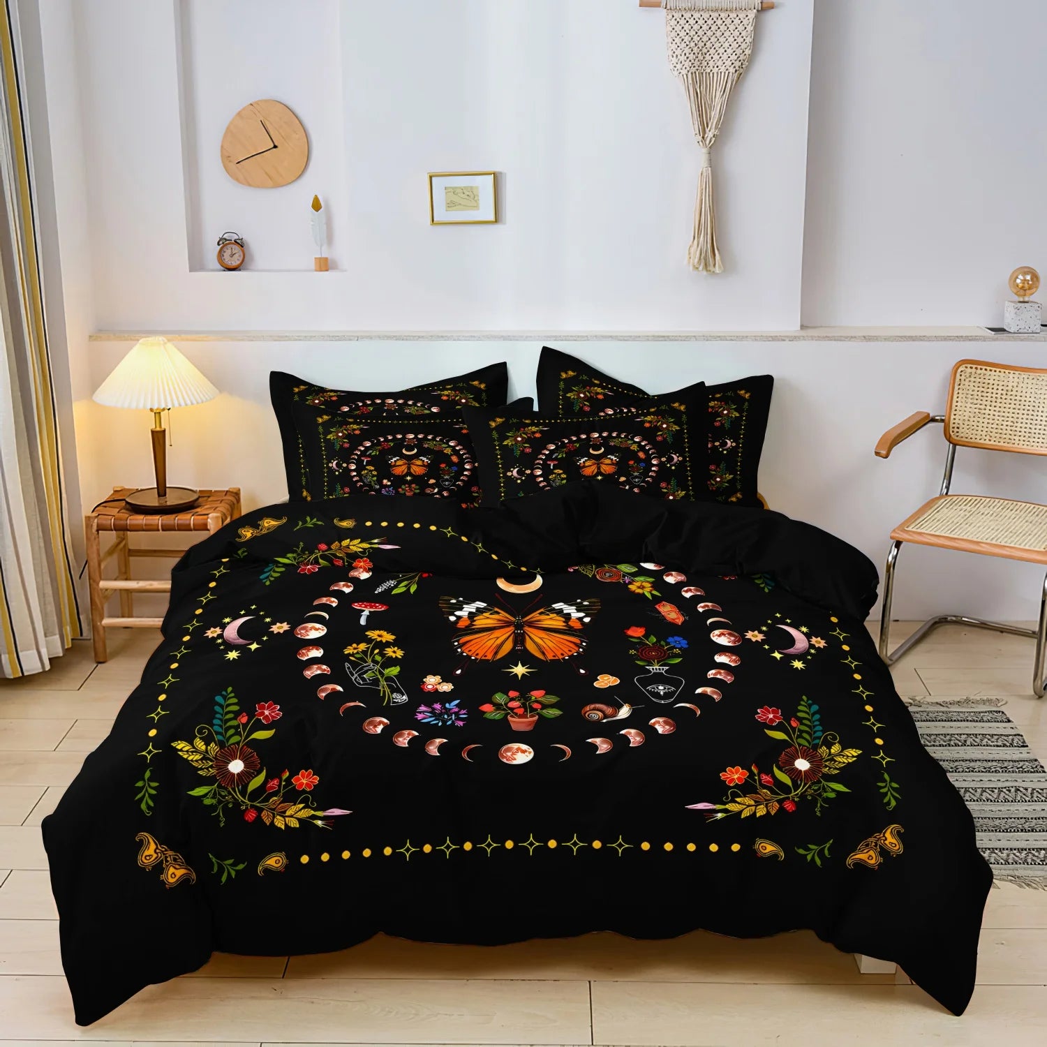 Butterfly and Crescent Moon Duvet Cover Set — Modern Floral Bedding, 3 Pieces
