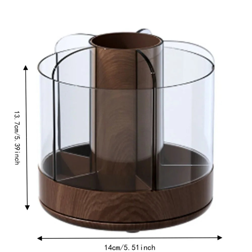 360 Rotating Makeup Organizer — Multi-Compartment Woodgrain Desktop Storage
