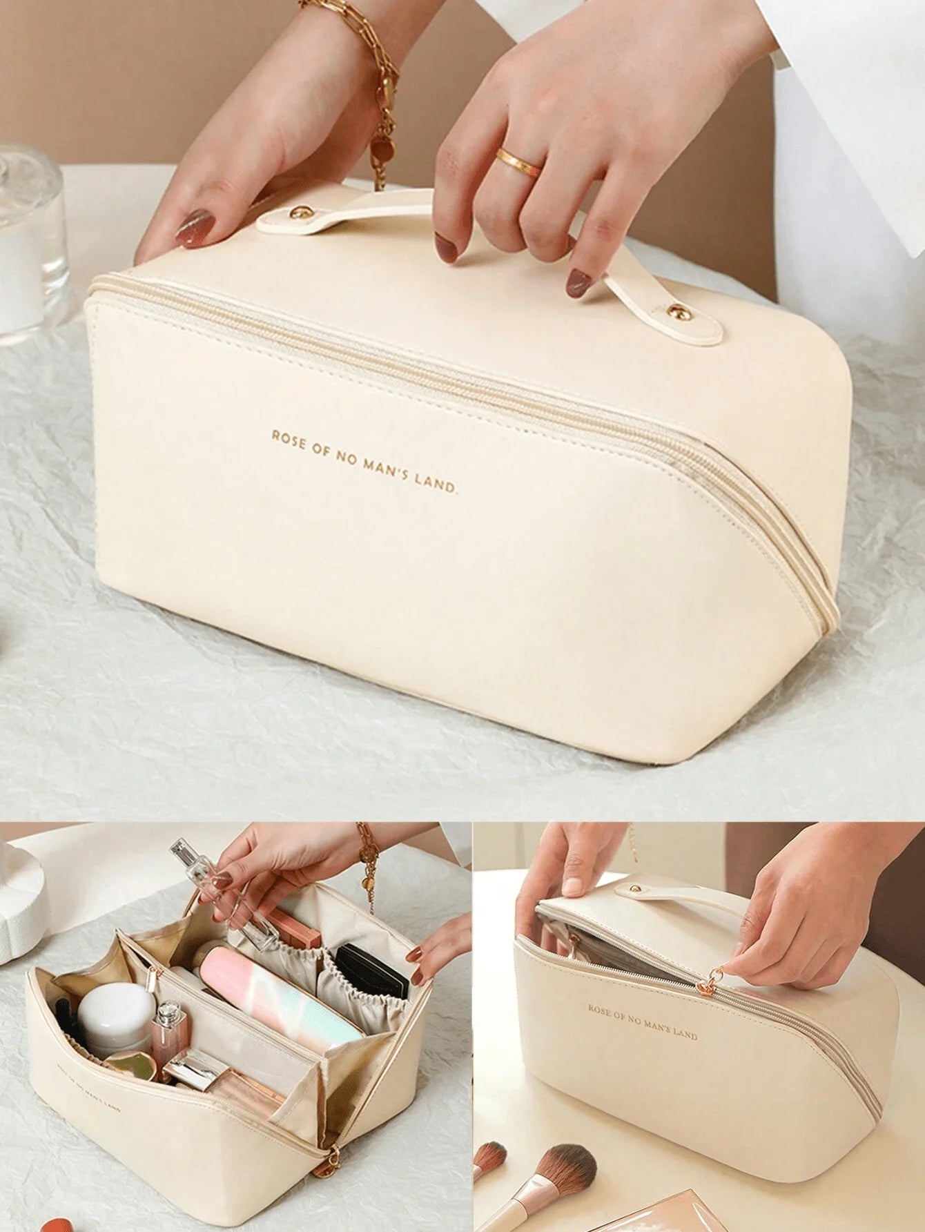 YHYEH Large Leather Cosmetic Bag — Elegant Makeup & Toiletry Organizer