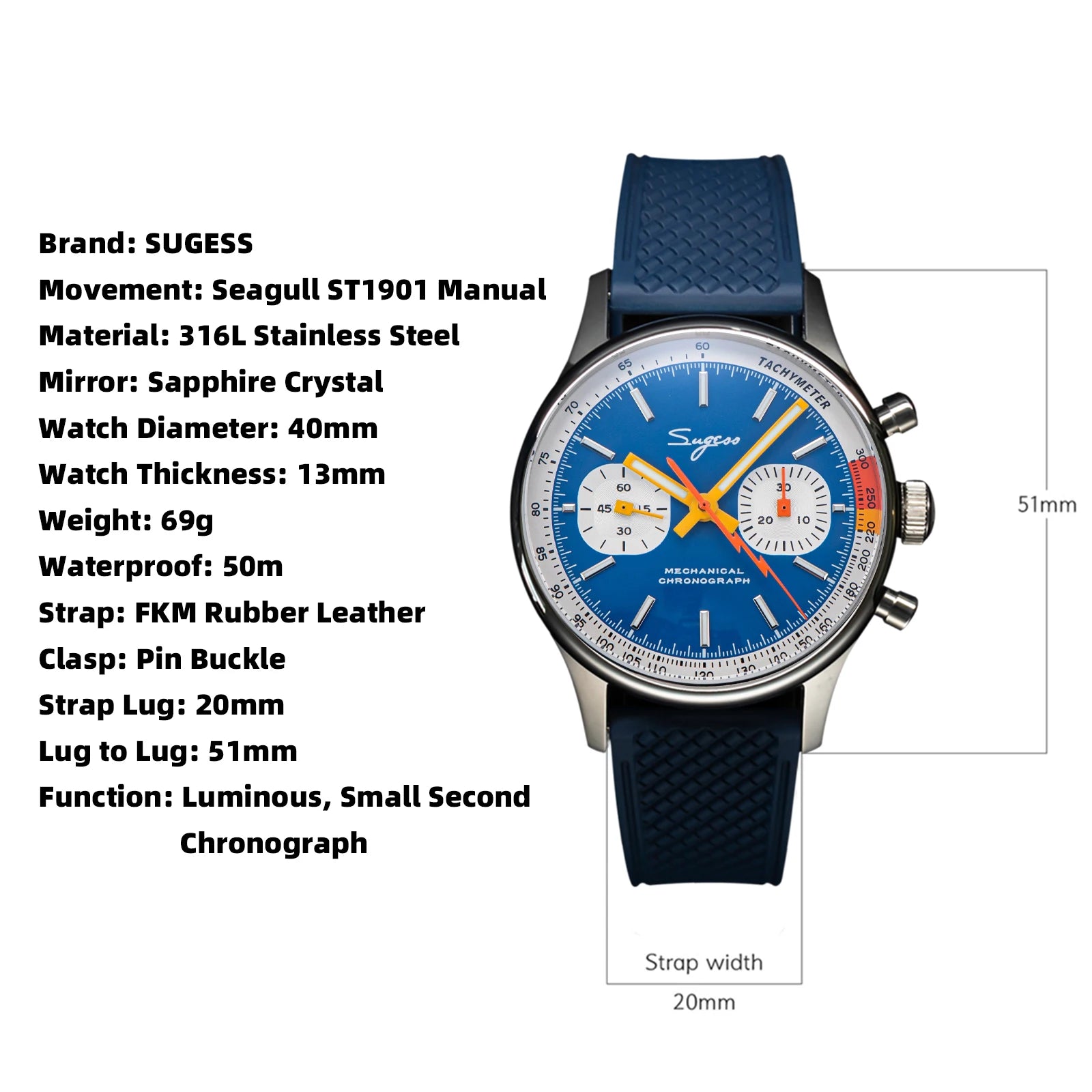 SUGESS Pilot Chronograph Watch — Mechanical Seagull Movement & Sapphire Crystal