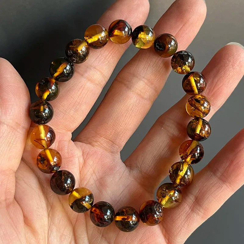 Yoowei Natural Baltic Amber Bracelet — Round Piebald Gemstone Jewelry