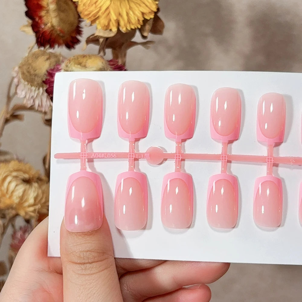 MingLee Glossy French Tip Press On Nails — Medium Square Acrylic False Nails