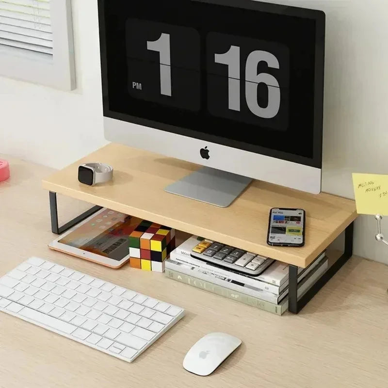 Wooden Monitor Stand Riser — Desktop Organizer with Storage Rack