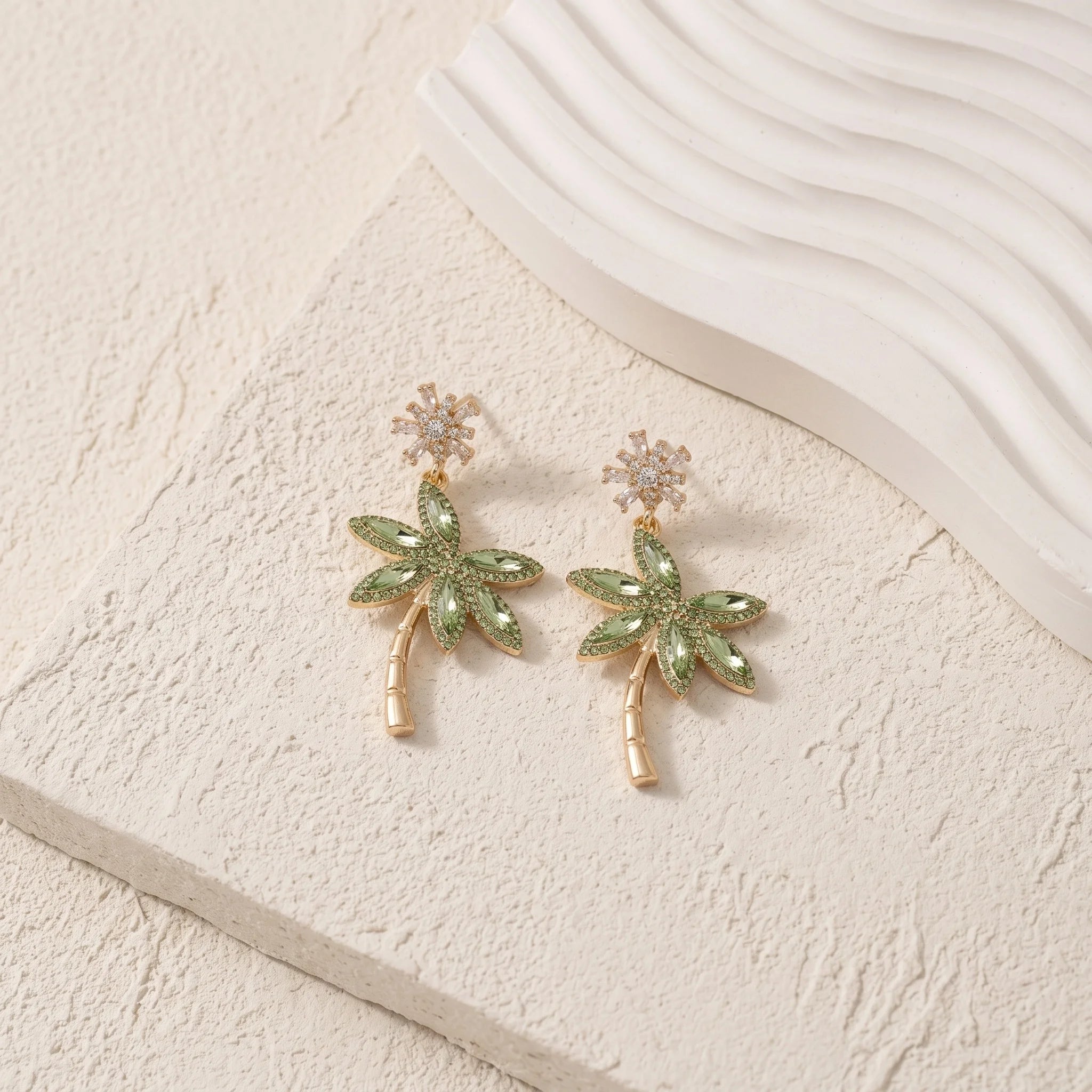 Obega Tropical Coconut Palm Tree Earrings — Shiny Rhinestone Beach Statement Jewelry