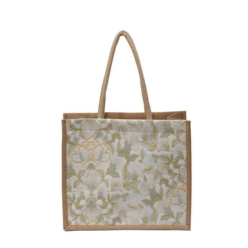 Floral Linen Tote Bag — Versatile Shoulder Handbag for Daily Use