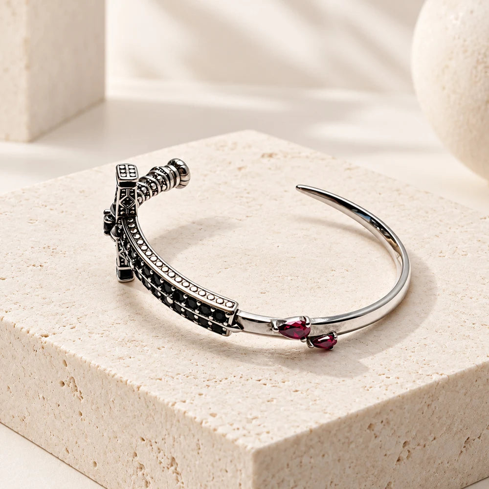 Thaddaeus Sword Bangle — 925 Sterling Silver Cuff with Black and Red Stones