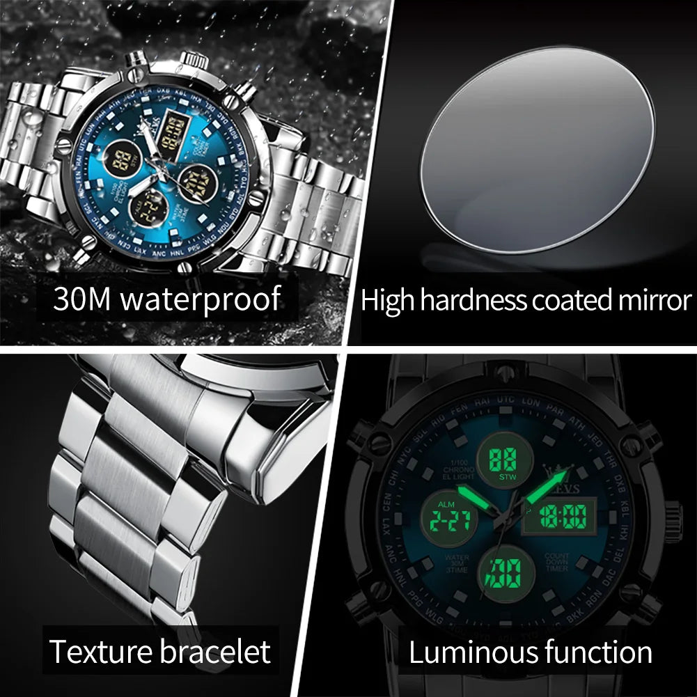 OLEVS Men's Multifunctional Digital Watch — Waterproof Stainless Steel Wristwatch
