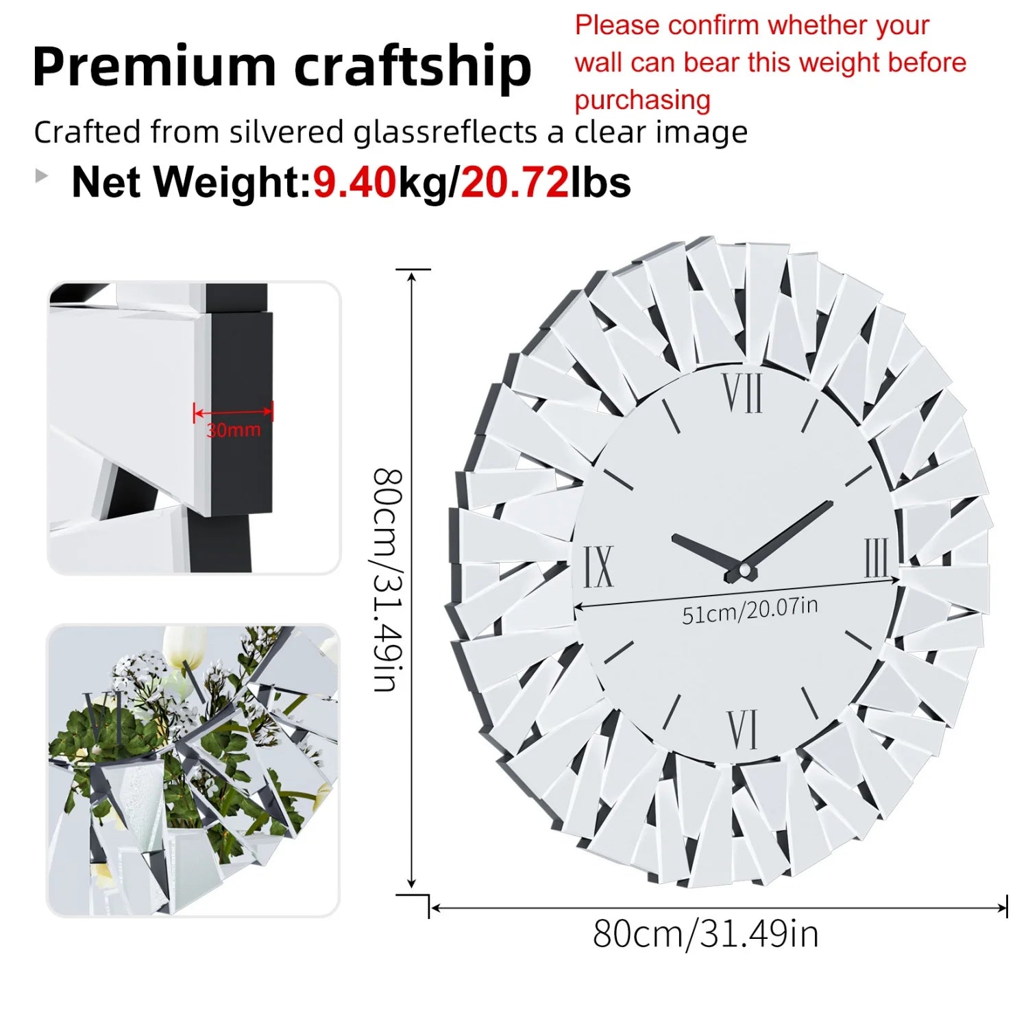 Large Mirrored Wall Clock — Modern Beveled Glass Decor for Living Room