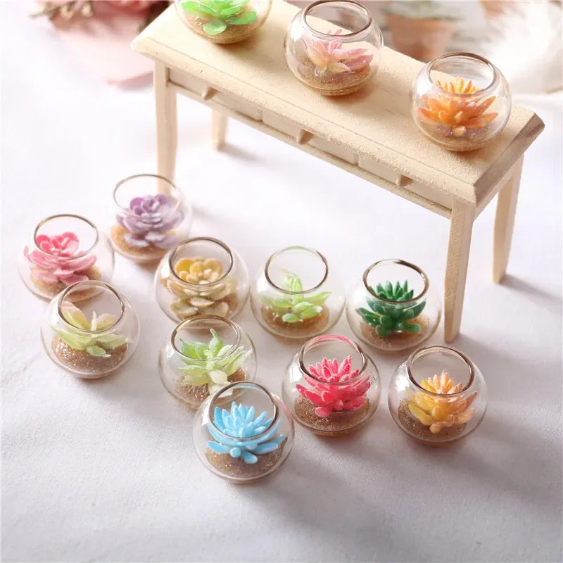 Miniature Potted Succulent Glass Vase — 1:12 Scale Dollhouse Decor