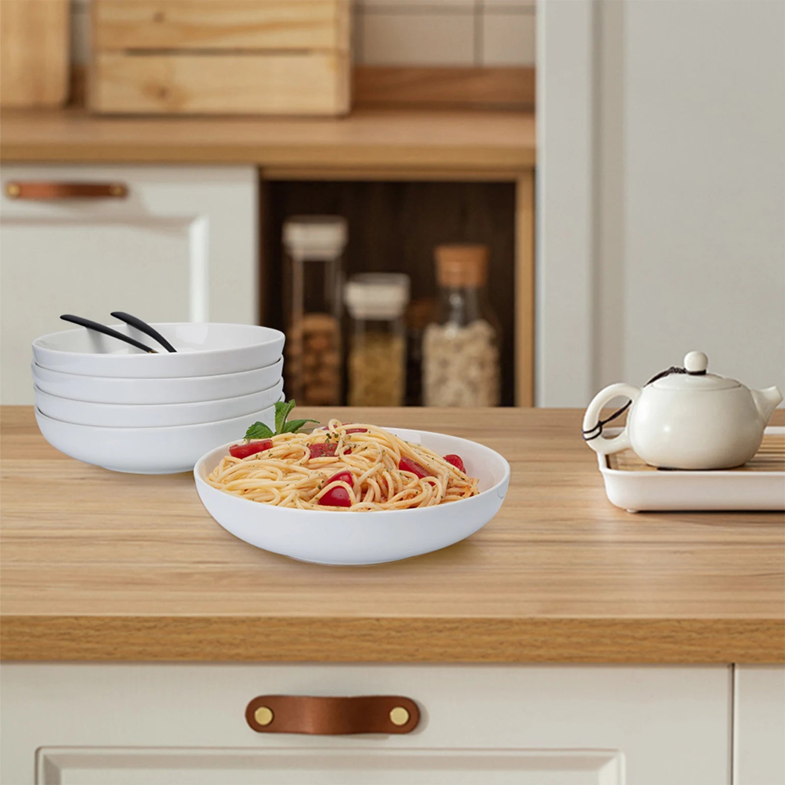 Ceramic Pasta Bowls Set — 6-Piece Large Shallow Serving Dishes, White