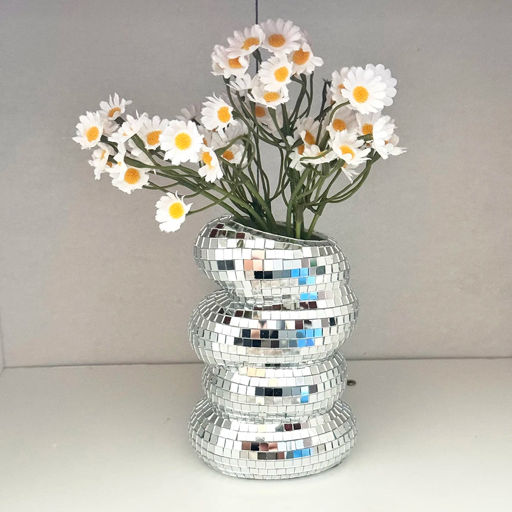 FngJiuyer Disco Ball Spiral Vase — Reflective Mirror Tile Flower Decor
